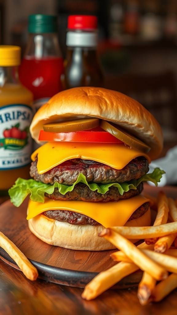 A classic cheeseburger with beef patty, cheese, lettuce, tomato, and pickles on a toasted bun, served with fries on a wooden table.